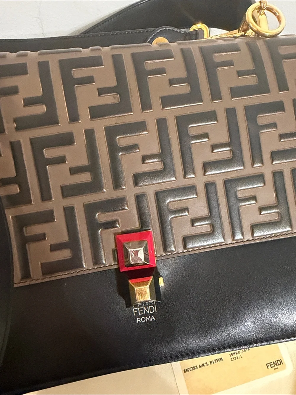 Fendi Brown & Black FF Motif Leather Shoulder Bag and crossbody with Red Accent